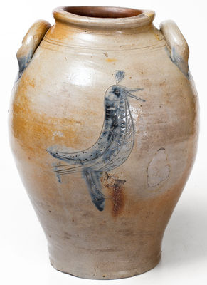 Fine Two-Gallon Stoneware Jar w/ Incised Folk Art Bird Decoration, Albany, NY or Old Bridge, NJ