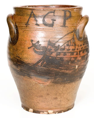 Exceptional Stoneware Jar w/ Elaborate Incised Ship Decoration, Inscribed 