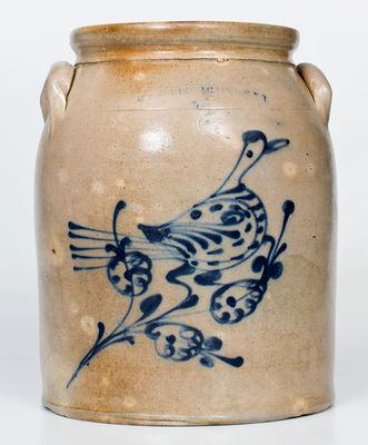 Two-Gallon W. ROBERTS. BINGHAMTON NY Stoneware Jar w/ Cobalt Bird Decoration