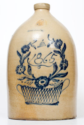 Rare WHITES UTICA 1865 Stoneware Jug with Elaborate Cobalt Flowering Basket Decoration