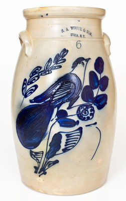 Six-Gallon N.A. WHITE & SON, / UTICA, N.Y. Stoneware Churn w/ Paddletail Bird Decoration
