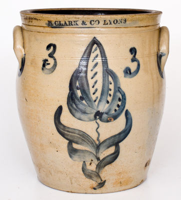 Fine 3 Gal. N. CLARK & CO. / LYONS, New York Stoneware Jar with Bold Floral Decoration