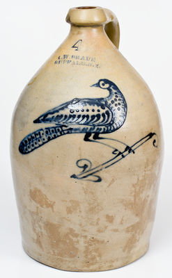 Fine 4 Gal. C. W. BRAUN / BUFFALO, NY Stoneware Jug w/ Elaborate Slip-Trailed Bird Decoration