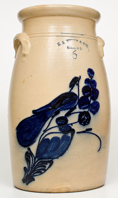 N.A. WHITE & SON, / UTICA, N.Y. Six-Gallon Stoneware Churn w/ Cobalt Paddletail Bird