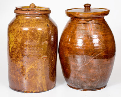 Lot of Two: Probably New York State Glazed Redware Jars with Lids