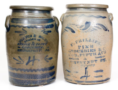 Lot of Two: 4 Gal. Western PA Stoneware Jars w/ BRIDGEPORT, PA and PITTSBURGH Advertising