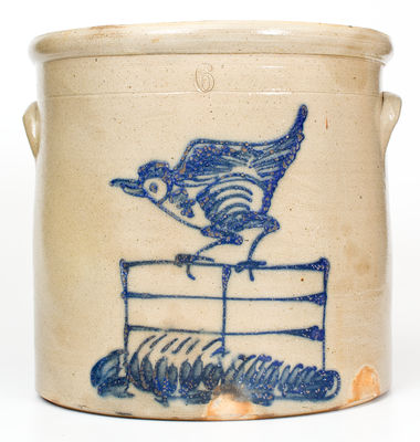 6 Gal. New York Stoneware Crock with Large Chicken-on-Fence Decoration