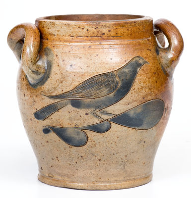 Exceedingly Rare Quart-Sized Stoneware Jar w/ Elaborate Incised Bird Decorations, Crolius Family, Manhattan, c1800