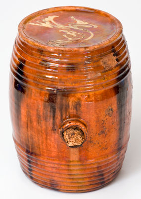 Extremely Rare Bristol County, Massachusetts Redware Keg w/ Yellow Slip Bird Designs