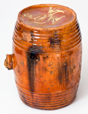 Extremely Rare Bristol County, Massachusetts Redware Keg w/ Yellow Slip Bird Designs