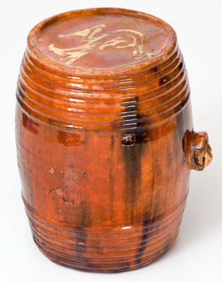 Extremely Rare Bristol County, Massachusetts Redware Keg w/ Yellow Slip Bird Designs