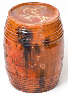 Extremely Rare Bristol County, Massachusetts Redware Keg w/ Yellow Slip Bird Designs