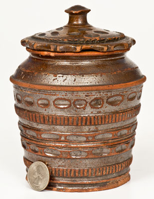 Rare and Fine Coggled Redware Jar w/ Lid, probably Pennsylvania origin