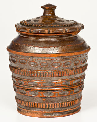 Rare and Fine Coggled Redware Jar w/ Lid, probably Pennsylvania origin