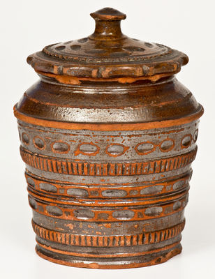 Rare and Fine Coggled Redware Jar w/ Lid, probably Pennsylvania origin