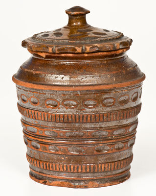 Rare and Fine Coggled Redware Jar w/ Lid, probably Pennsylvania origin