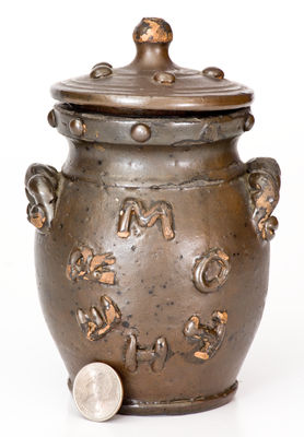 Extremely Rare Middle Tennessee Stoneware Lidded Presentation Jar w/ Applied Decoration, 