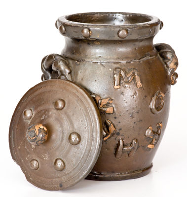 Extremely Rare Middle Tennessee Stoneware Lidded Presentation Jar w/ Applied Decoration, 
