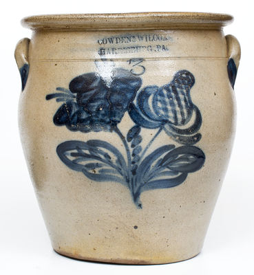 Fine COWDEN & WILCOX / HARRISBURG, PA Stoneware Jar w/ Elaborate Cobalt Floral Decoration