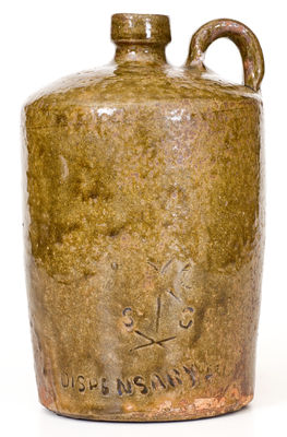 Rare S.C. DISPENSARY Stoneware Jug, attrib. J. G. Baynham, Trenton, Edgefield District, SC