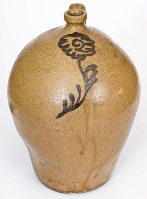 Fine attrib. Thomas Chandler, Edgefield District, SC Stoneware Jug w/ Iron Slip Floral Decoration