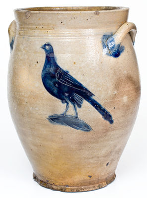 Fine att. William Capron, Albany, NY Stoneware Jar w/ Incised Bird and Floral Decoration, c1800-1805