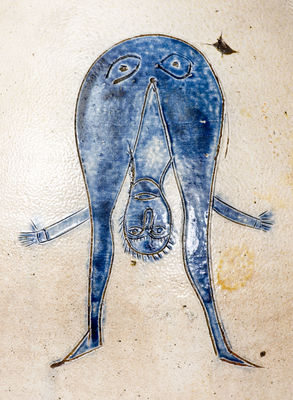 Extremely Important Stoneware Jug w/ Incised Decoration of Man Looking Between his Legs