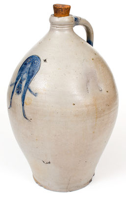 Extremely Important Stoneware Jug w/ Incised Decoration of Man Looking Between his Legs