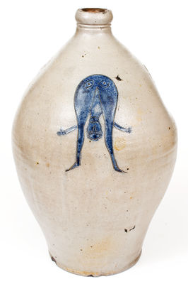 Extremely Important Stoneware Jug w/ Incised Decoration of Man Looking Between his Legs