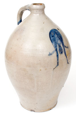 Extremely Important Stoneware Jug w/ Incised Decoration of Man Looking Between his Legs