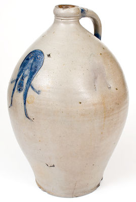 Extremely Important Stoneware Jug w/ Incised Decoration of Man Looking Between his Legs
