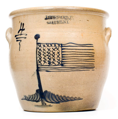 J. SHEPARD, JR. / GEDDES. N.Y. Stoneware American Flag Crock, circa 1858-1859