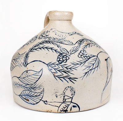 Extremely Important Stoneware Jug with Elaborate Incised Scene of a Deer, Smoking Man, Etc.
