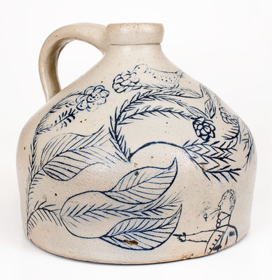 Extremely Important Stoneware Jug with Elaborate Incised Scene of a Deer, Smoking Man, Etc.