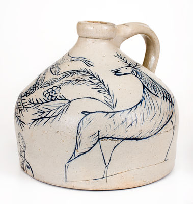 Extremely Important Stoneware Jug with Elaborate Incised Scene of a Deer, Smoking Man, Etc.