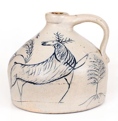 Extremely Important Stoneware Jug with Elaborate Incised Scene of a Deer, Smoking Man, Etc.