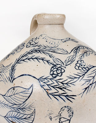 Extremely Important Stoneware Jug with Elaborate Incised Scene of a Deer, Smoking Man, Etc.