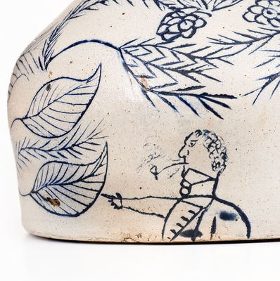 Extremely Important Stoneware Jug with Elaborate Incised Scene of a Deer, Smoking Man, Etc.