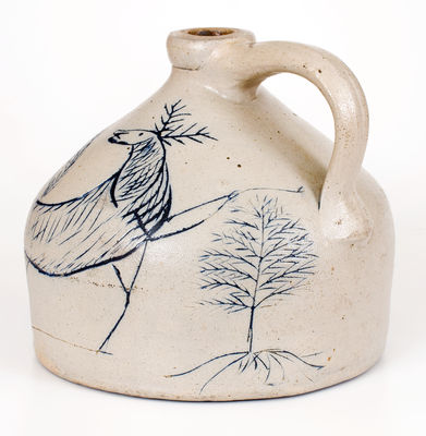 Extremely Important Stoneware Jug with Elaborate Incised Scene of a Deer, Smoking Man, Etc.
