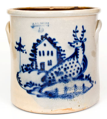 Rare 5 Gal. J & E. NORTON / BENNINGTON, VT Stoneware Crock w/ Elaborate Reclining Deer with House Design