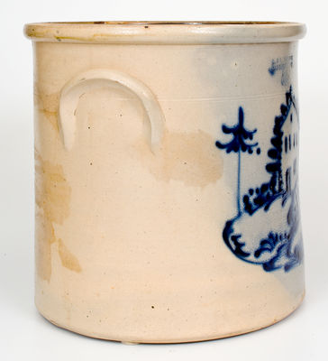 Rare 5 Gal. J & E. NORTON / BENNINGTON, VT Stoneware Crock w/ Elaborate Reclining Deer with House Design