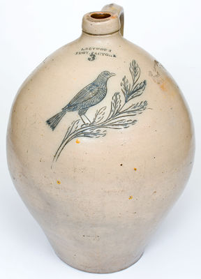 Fine 3 Gal. I. SEYMOUR / TROY FACTORY Stoneware Jug with Incised Bird Decoration