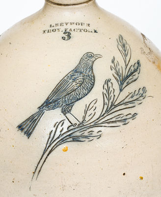 Fine 3 Gal. I. SEYMOUR / TROY FACTORY Stoneware Jug with Incised Bird Decoration