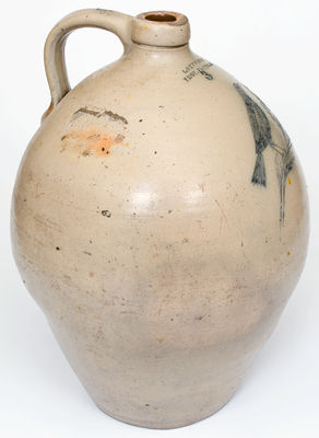 Fine 3 Gal. I. SEYMOUR / TROY FACTORY Stoneware Jug with Incised Bird Decoration