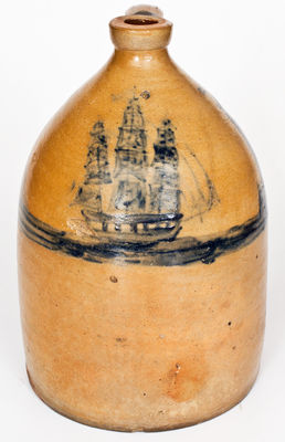 Extremely Rare Stoneware Jug w/ Elaborate Ship, Lighthouse, and Rock Decoration