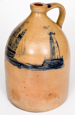 Extremely Rare Stoneware Jug w/ Elaborate Ship, Lighthouse, and Rock Decoration