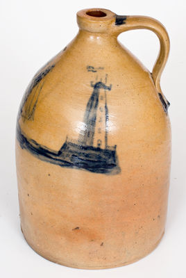 Extremely Rare Stoneware Jug w/ Elaborate Ship, Lighthouse, and Rock Decoration