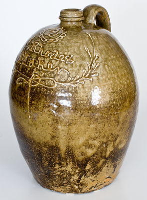 Rare "C. Rhodes / Maker" Alkaline-Glazed Stoneware Jug w/ Kaolin Slip Inscription, Collin Rhodes