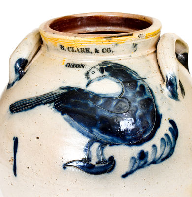 Exceptional N. CLARK & CO. / LYONS / 1827 Stoneware Jar w/  Elaborate Incised Bird Decoration