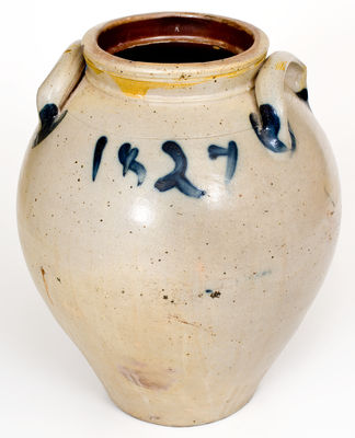 Exceptional N. CLARK & CO. / LYONS / 1827 Stoneware Jar w/  Elaborate Incised Bird Decoration